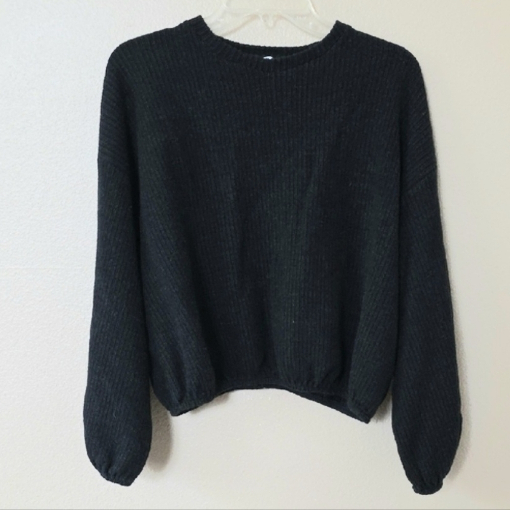 Zara Womens Black Casual Ribbed Knit Puff Sleeve Cropped Sweater - Size Large